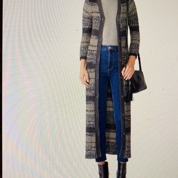 Free People Cozy Up Grey Print Striped Cardigan - Picture 1 of 9